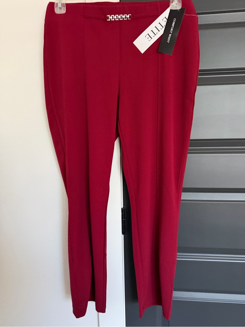 Ellie Deep Red Slim Ponte Pants with Decorative Chain